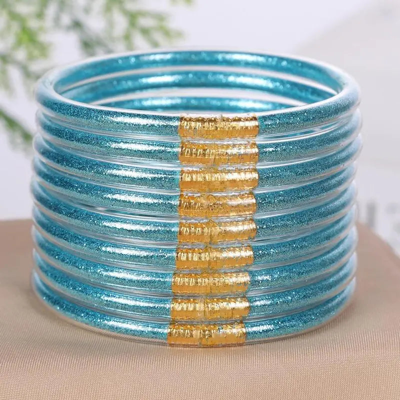 9-Piece Jelly Bangle Bracelets for Women, Trendy Solid Hue Bracelet Stacks, Stackable Jewelry for Party & Daily Wear, Party Wear, Solid Hues, Stacked Set, Basic, Female, Modern, Beads, Leopard Print, Champagne Gold, Beaded Bracelet Set, Fashionable Bracel