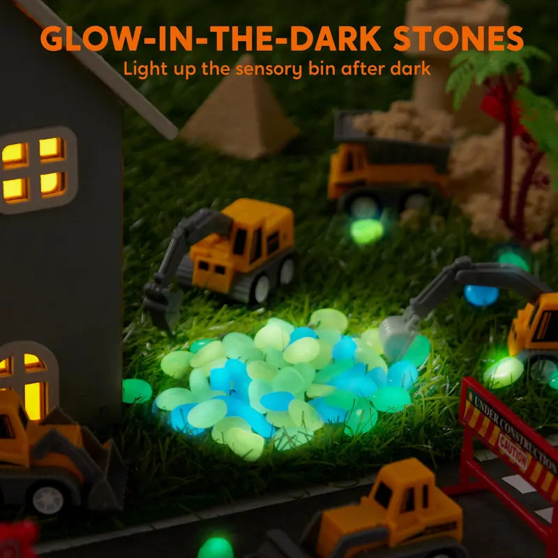 Klever Kits Construction Sensory Bin for Toddlers with Glow in the Dark Stones, Sandbox with Lid Castle Building Kit, Preschool Learning Activities Gifts for Boys Girls Age 3,Outer Space/Pet/ Dinosaur/Ocean/Witch’S Magic Soup，Halloween Gift