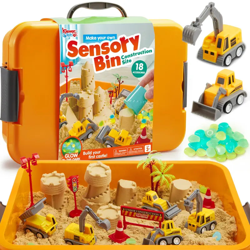 Klever Kits Construction Sensory Bin for Toddlers with Glow in the Dark Stones, Sandbox with Lid Castle Building Kit, Preschool Learning Activities Gifts for Boys Girls Age 3,Outer Space/Pet/ Dinosaur/Ocean/Witch’S Magic Soup，Halloween Gift