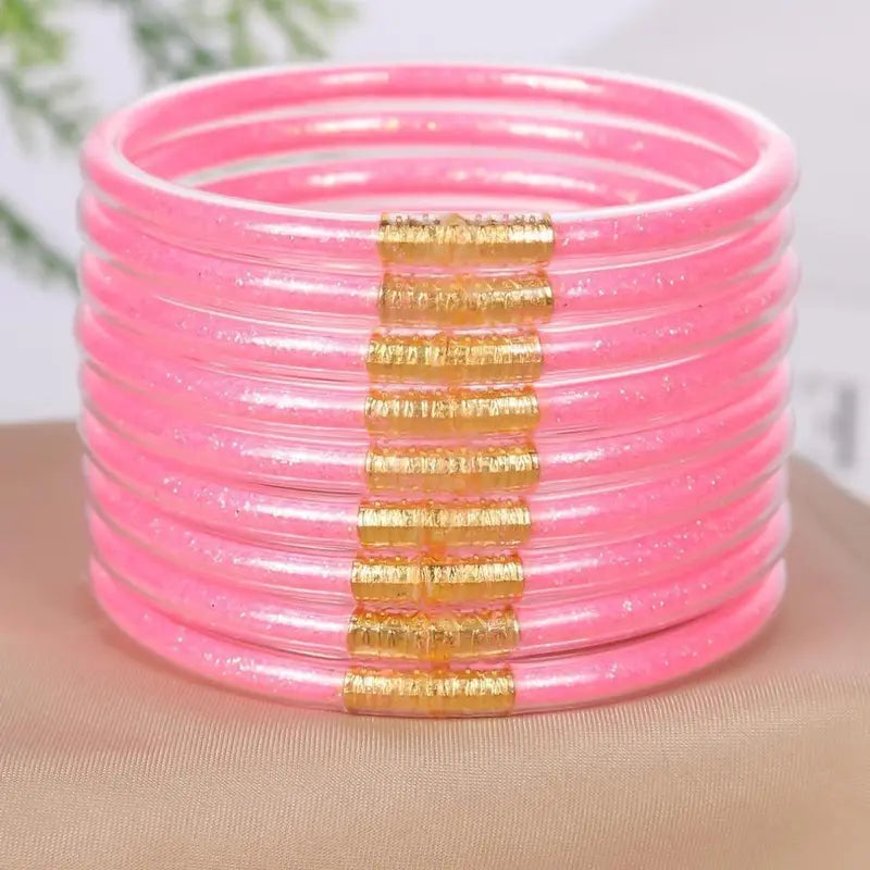9-Piece Jelly Bangle Bracelets for Women, Trendy Solid Hue Bracelet Stacks, Stackable Jewelry for Party & Daily Wear, Party Wear, Solid Hues, Stacked Set, Basic, Female, Modern, Beads, Leopard Print, Champagne Gold, Beaded Bracelet Set, Fashionable Bracel