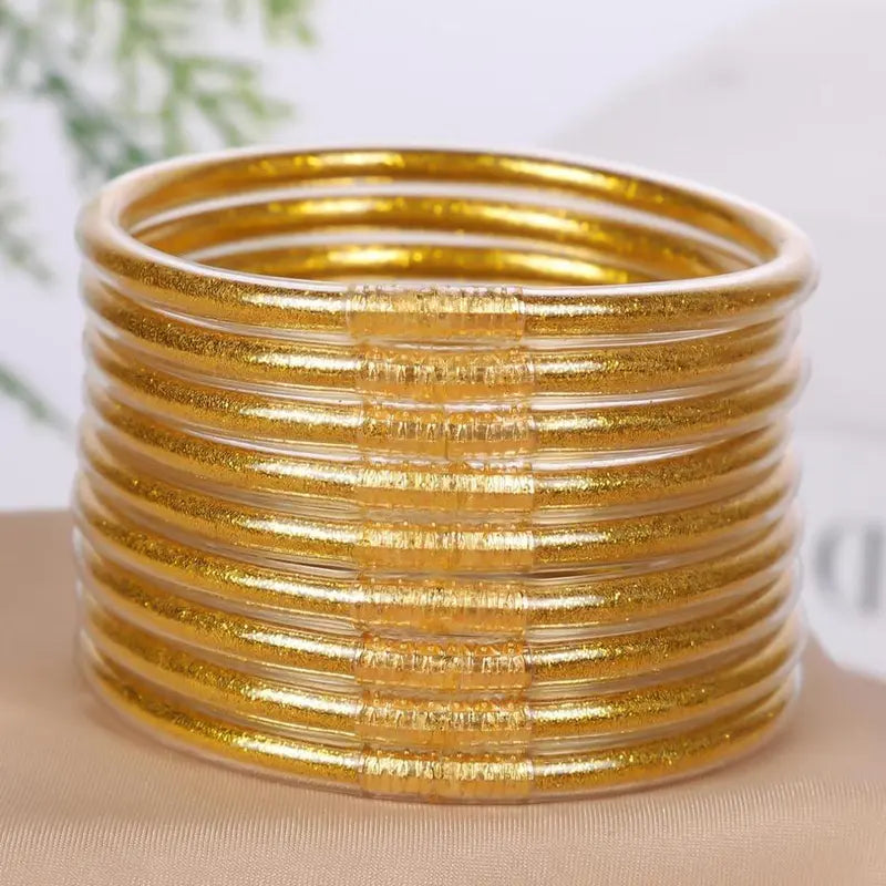 9-Piece Jelly Bangle Bracelets for Women, Trendy Solid Hue Bracelet Stacks, Stackable Jewelry for Party & Daily Wear, Party Wear, Solid Hues, Stacked Set, Basic, Female, Modern, Beads, Leopard Print, Champagne Gold, Beaded Bracelet Set, Fashionable Bracel