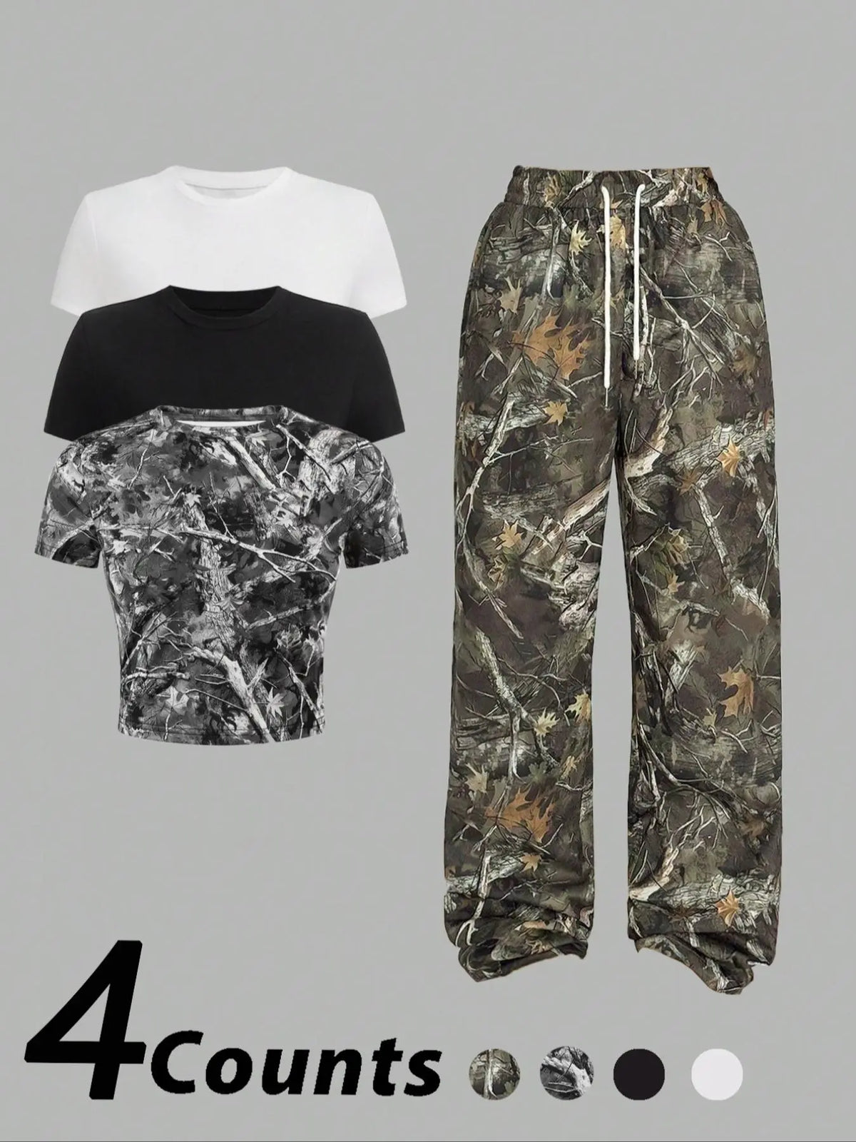Women'S Camo Print Crop round Neck Tee & Overlap Waist Wide Leg Pants Set, Casual Streetwear Set, Casual Slim Short Sleeve T-Shirt & Trousers for Daily Wear, Ladies Summer Clothes, Clothing, Womenswear, Cropped Top Set, Casual Fashion Set