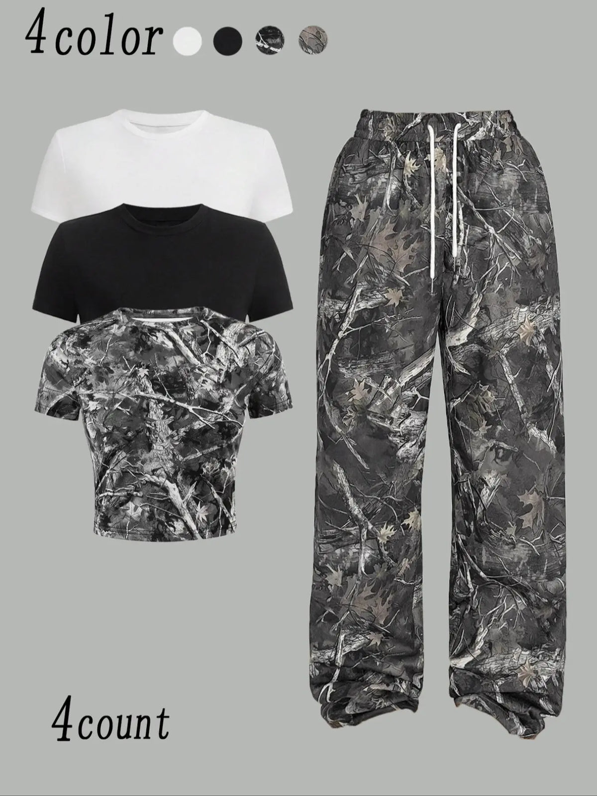 Women'S Camo Print Crop round Neck Tee & Overlap Waist Wide Leg Pants Set, Casual Streetwear Set, Casual Slim Short Sleeve T-Shirt & Trousers for Daily Wear, Ladies Summer Clothes, Clothing, Womenswear, Cropped Top Set, Casual Fashion Set