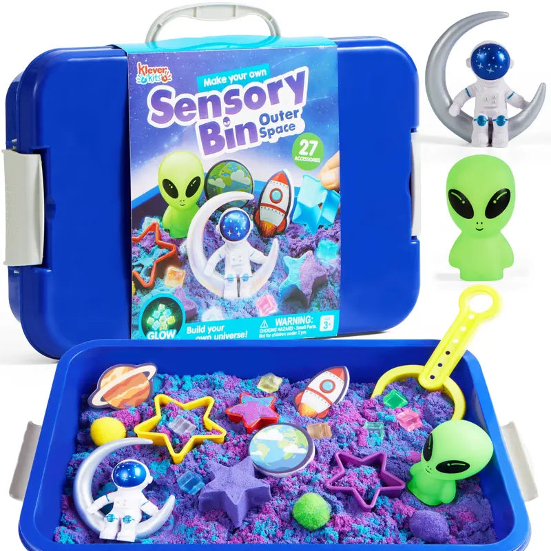 Klever Kits Construction Sensory Bin for Toddlers with Glow in the Dark Stones, Sandbox with Lid Castle Building Kit, Preschool Learning Activities Gifts for Boys Girls Age 3,Outer Space/Pet/ Dinosaur/Ocean/Witch’S Magic Soup，Halloween Gift